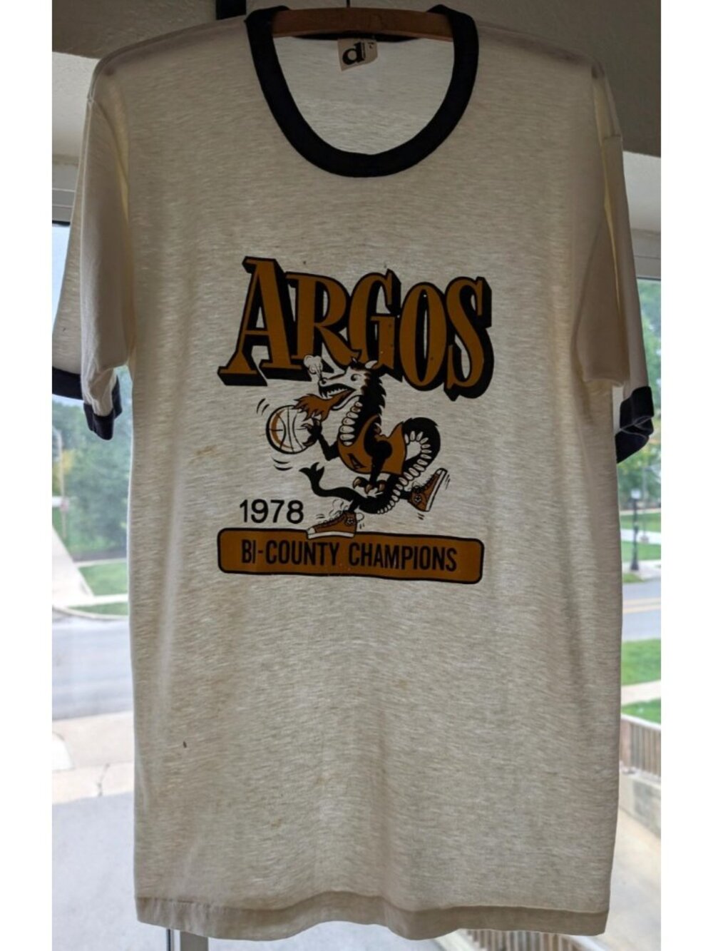 Vintage 70s Paper Thin Ringer Tee Dragon Basketball Graphic Downerwear USA LG - Picture 2 of 12